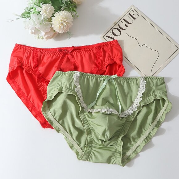 Sissy Green Cotton Panties for Men, Femboy Panty with Bow, Set of 2 - Picture 6 of 6